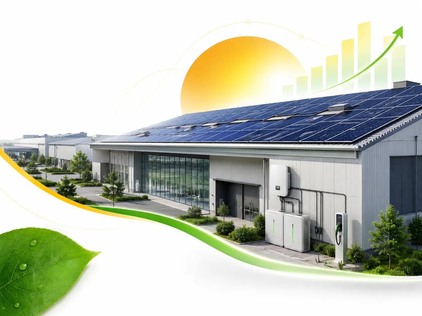 Commercial building with rooftop solar panels and solar energy equipment