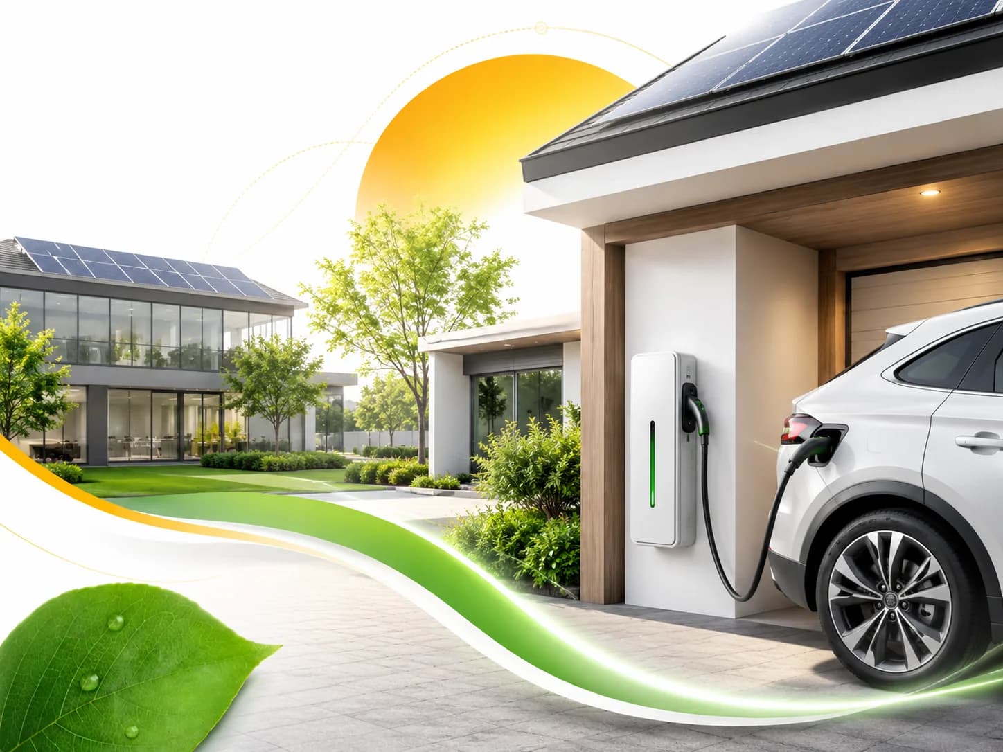 EV charger installation with electric vehicle and solar energy setting