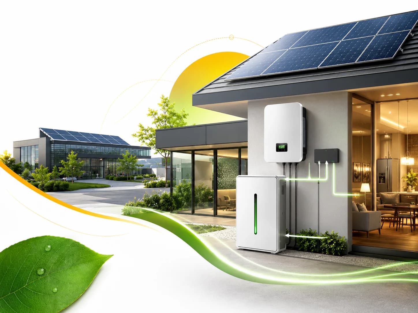 Hybrid solar system with inverter, battery storage, and energy flow