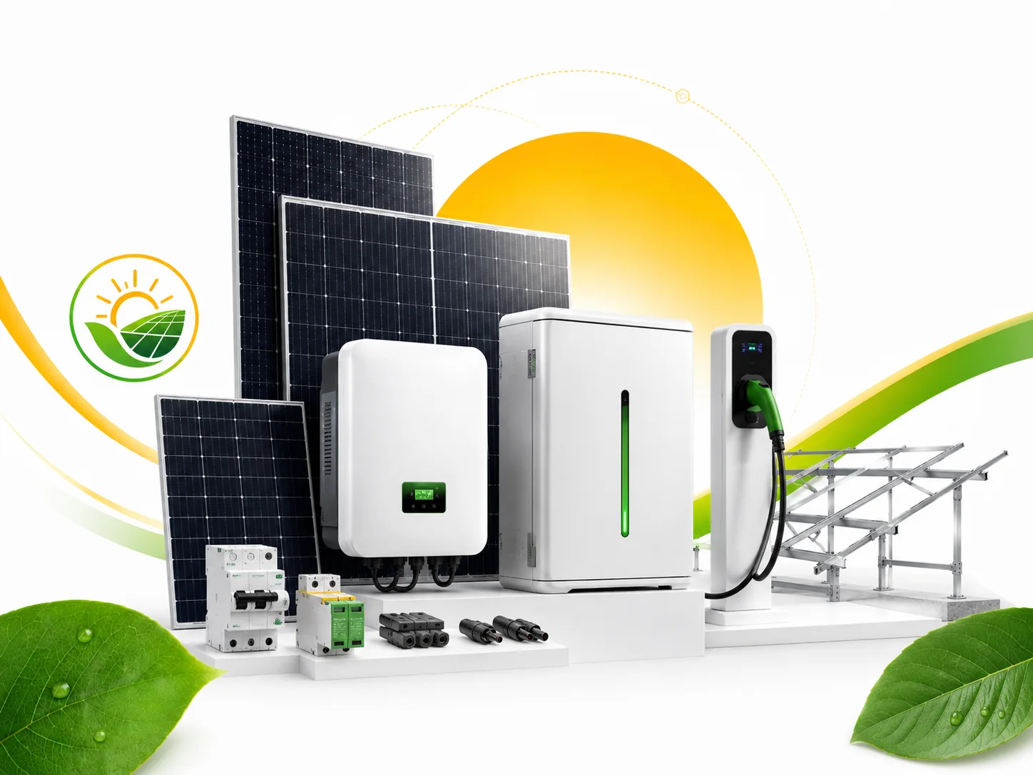 Solar panels, inverter, lithium battery, EV charger, BOS equipment, and mounting structure