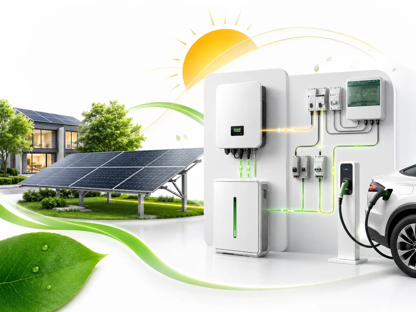 Complete solar system ecosystem with panels, inverter, battery storage, protection equipment, and EV charging